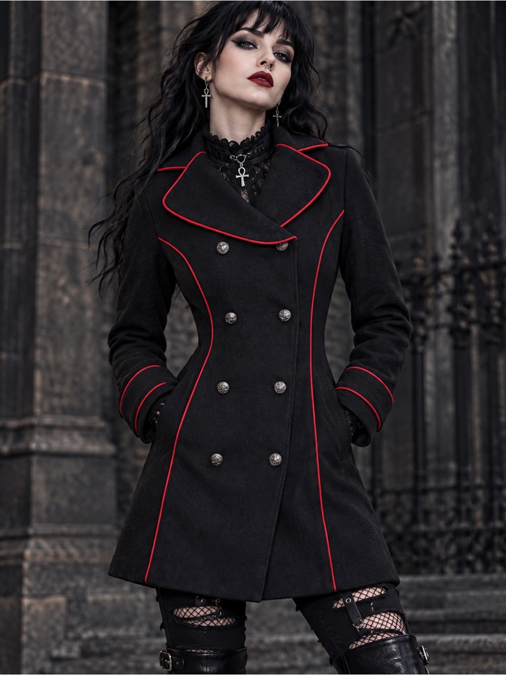 Hearts & Roses Gothic Black Red Piped Double Breasted Cambridge Pea Coat Sz 4